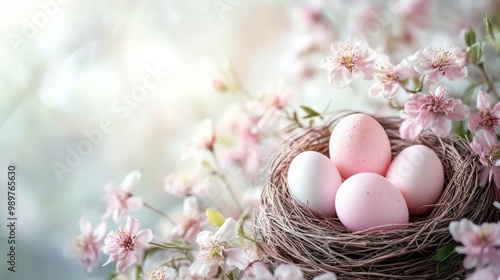 Decorative nest with pastel eggs, surrounded by blooming flowers on a soft spring background.