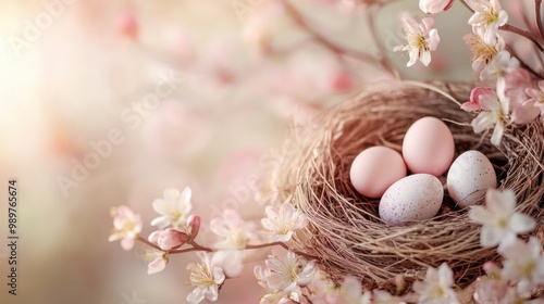 Decorative nest with pastel eggs, surrounded by blooming flowers on a soft spring background.