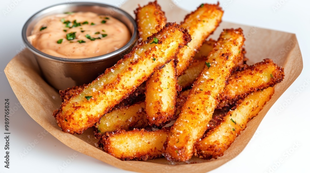 Crispy breaded potato wedges with dipping sauce Crispy breaded potato wedges with dipping sauce