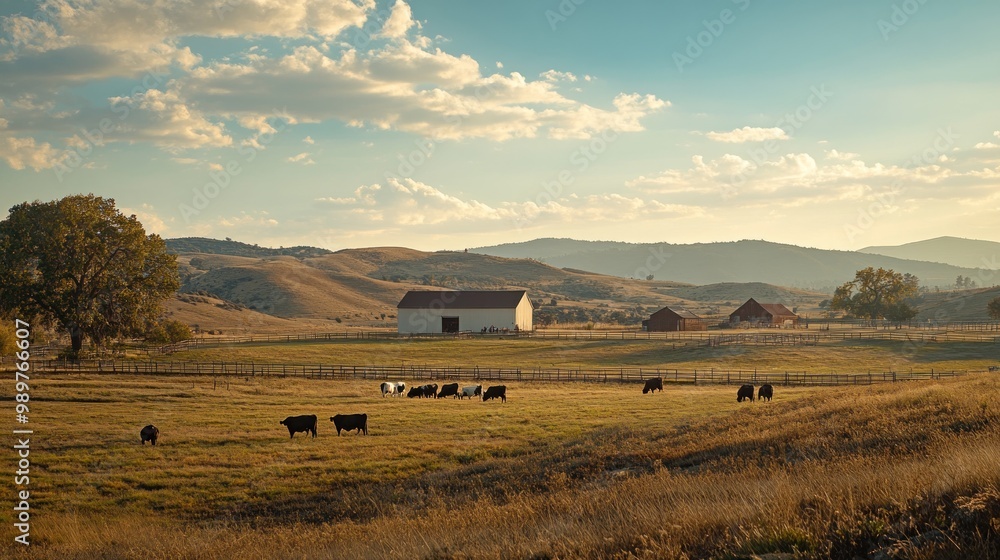 Obraz premium Rural Farm Landscape with Cattle Grazing