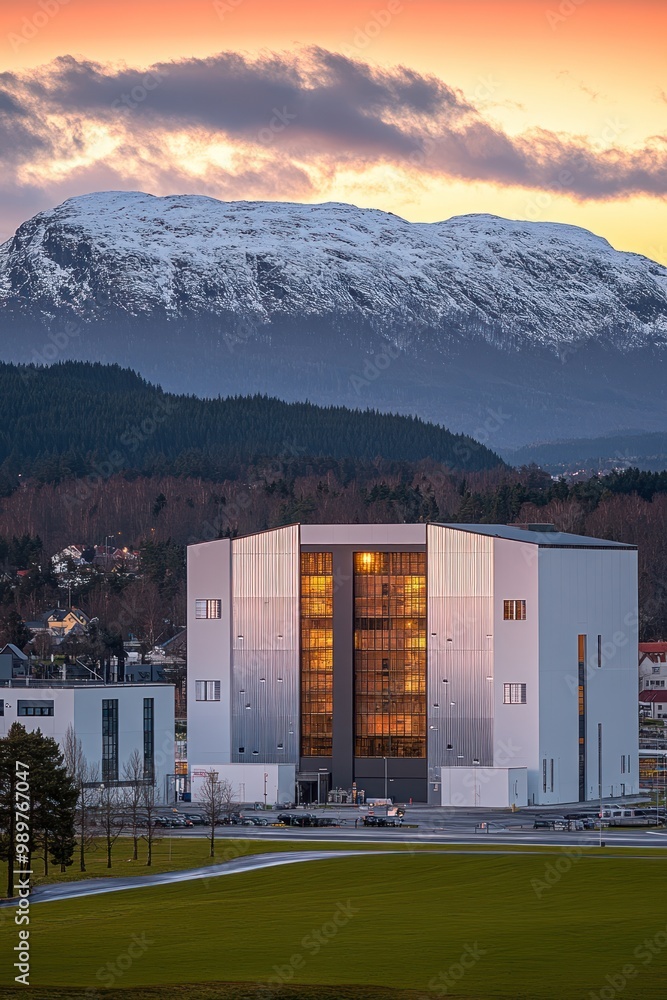 Fototapeta premium A modern building set against a snowy mountain backdrop during sunset.