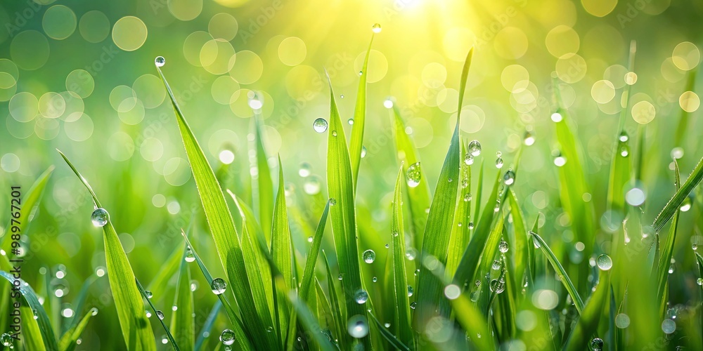 Fototapeta premium Dewdrops glistening on blades of grass in the morning light, creating a mesmerizing spectacle of nature's artistry.