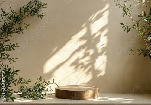 Wallpaper Mural Minimalist wooden podium with green foliage and light shadows. Torontodigital.ca