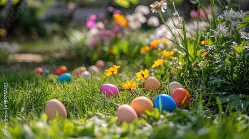Egg hunt scene with colorful eggs hidden in a blooming flower garden on a sunny spring day.