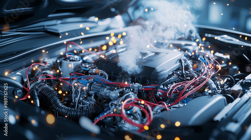 A close up of car engine bay with hood open, showcasing intricate details and vibrant wires. scene is enhanced by steam and glowing sparks, creating dynamic and energetic atmosphere