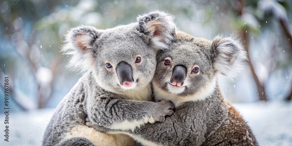 Naklejka premium A pair of koalas cuddle closely together in a snowy winter wonderland, their fluffy fur contrasting with the white backdrop.