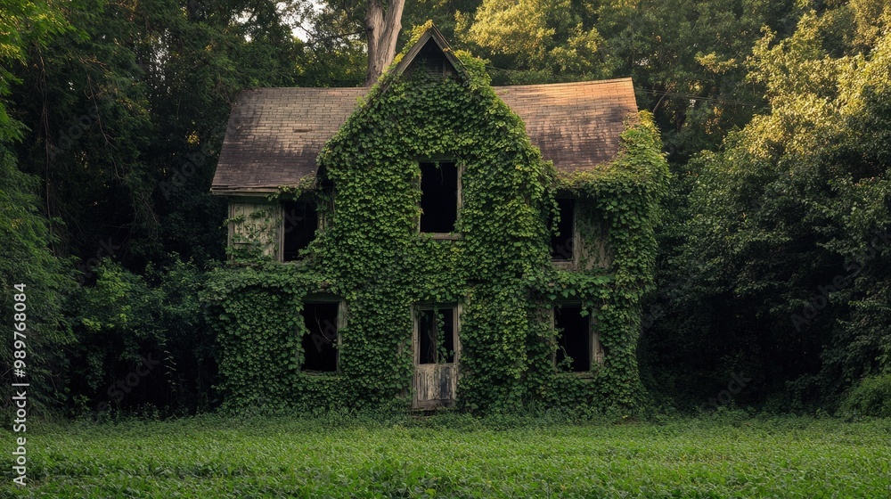 Fototapeta premium Tranquil Beauty of Nature Reclaiming Abandoned House with Ivy-Covered Walls