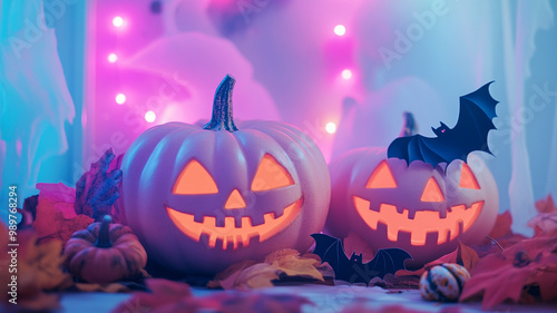 Spooky Halloween decorations featuring carved pumpkins with glowing faces and colorful lights photo