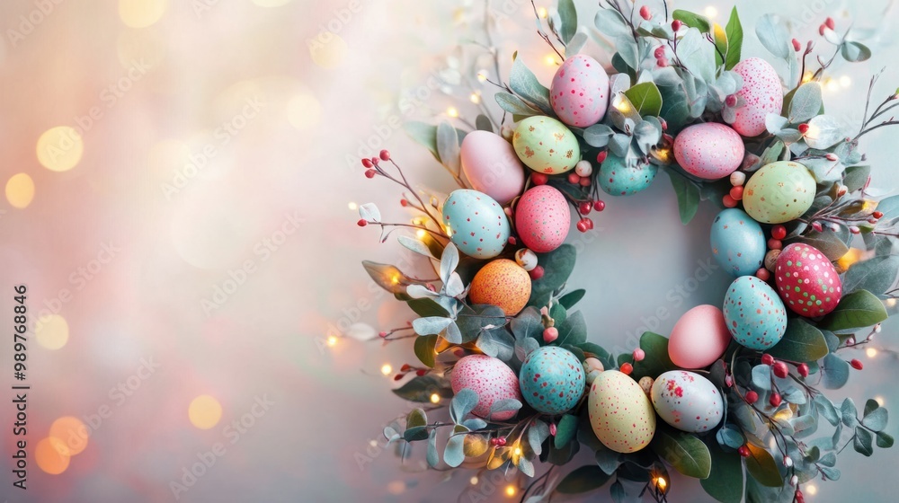 Obraz premium Floral Easter wreath with colorful eggs and fresh green leaves, hanging against a light background.