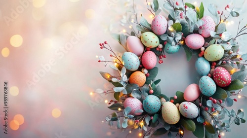Floral Easter wreath with colorful eggs and fresh green leaves, hanging against a light background.