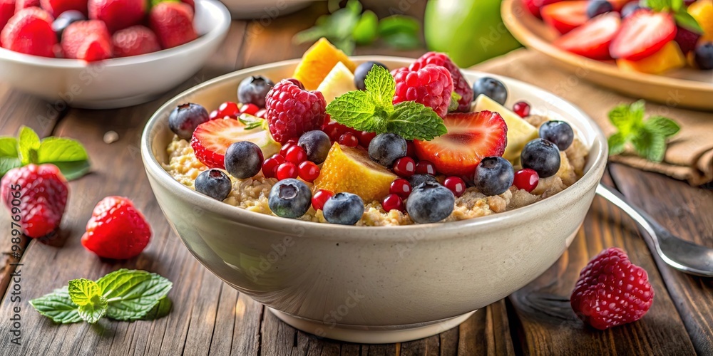 A bowl of oatmeal topped with fresh fruit and a sprig of mint, a classic and delicious breakfast option A bowl of oatmeal topped with fresh fruit and a sprig of mint, a classic and delicious breakfast option