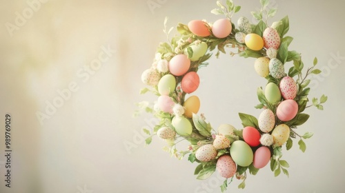 Floral Easter wreath with colorful eggs and fresh green leaves, hanging against a light background.