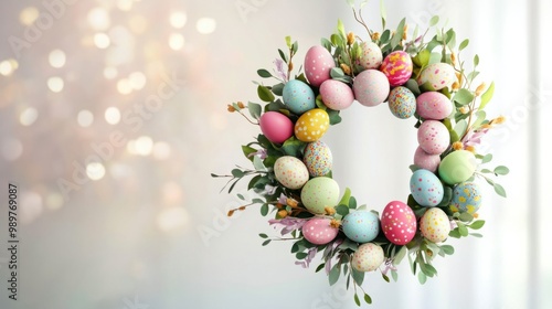 Floral Easter wreath with colorful eggs and fresh green leaves, hanging against a light background.