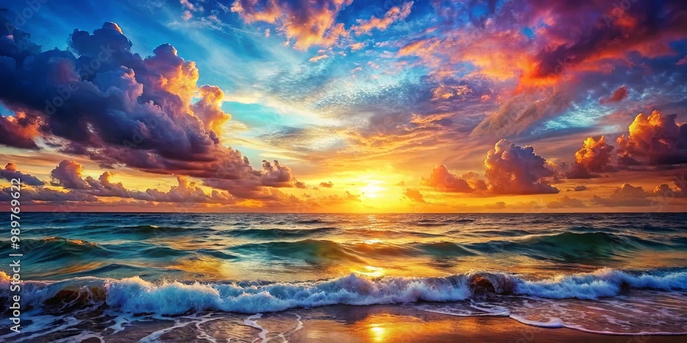 A majestic sunrise paints the sky with vibrant hues as waves crash on the shore, capturing the breathtaking beauty of a coastal dawn A majestic sunrise paints the sky with vibrant hues as waves crash on the shore, capturing the breathtaking beauty of a coastal dawn