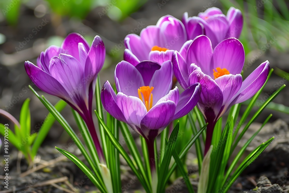 Spring crocus flowers in the forest. Early spring. Europe. Beauty world. Spring crocus flowers in the forest. Early spring. Europe. Beauty world.