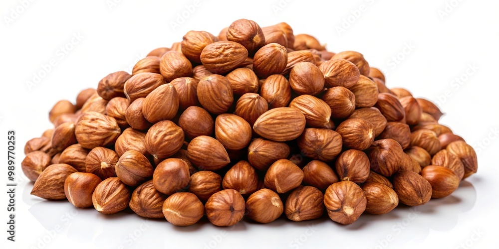 A heap of whole hazelnuts, perfect for snacking or baking, isolated on a white background A heap of whole hazelnuts, perfect for snacking or baking, isolated on a white background