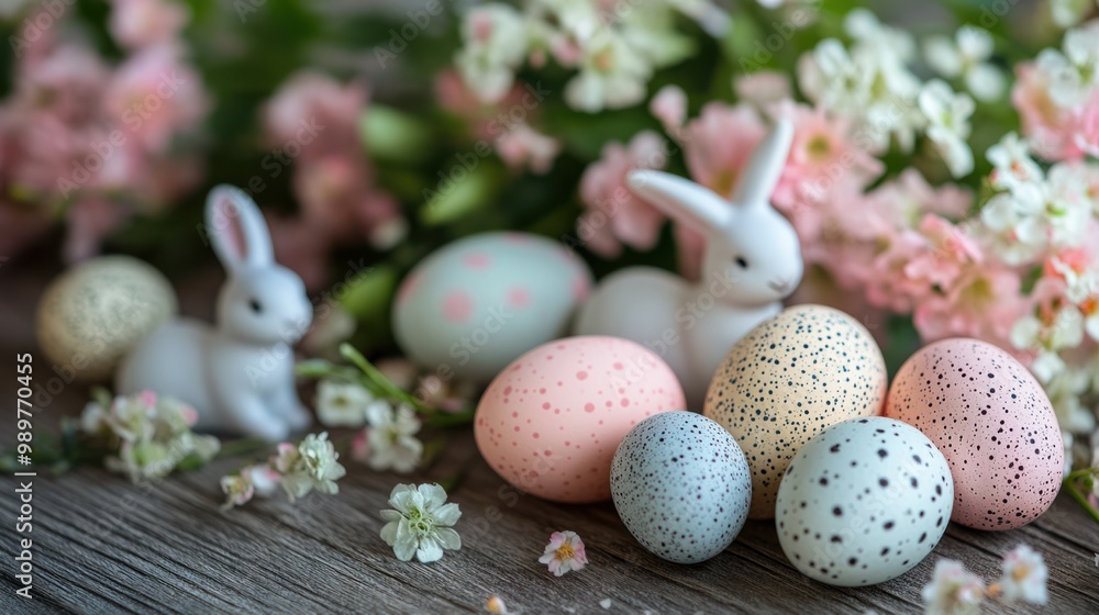 Obraz premium Pastel eggs and bunny figurines scattered on a wooden surface with fresh flowers.