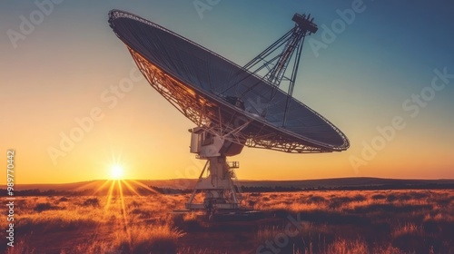 A large satellite dish at sunset, used for communication and astronomical research.