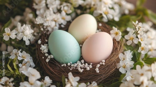 Pastel-colored Easter eggs arranged in a delicate nest, surrounded by fresh spring blooms.
