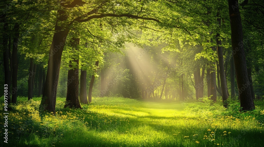 Obraz premium Serene Morning in Lush Green Forest with Eco-Friendly Scenery