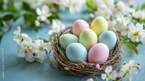 Pastel-colored Easter eggs arranged in a delicate nest, surrounded by fresh spring blooms.
