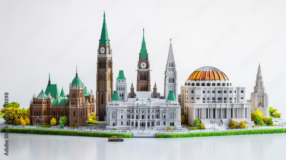 Obraz premium Detailed Miniature Model of Iconic Buildings with Green Roofs and a Golden Dome