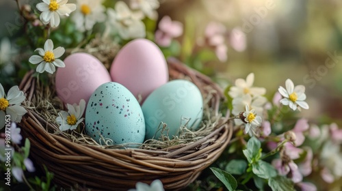 Pastel-colored Easter eggs in a decorative basket, surrounded by blooming spring flowers.