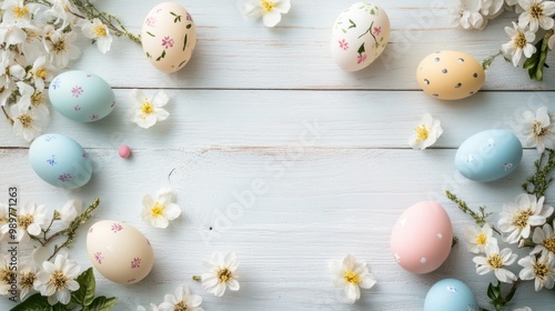 Pastel-colored Easter eggs scattered on a white wooden surface, with spring flowers around.