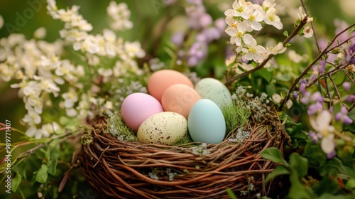 Pastel-colored Easter eggs in a decorative basket, surrounded by blooming spring flowers.