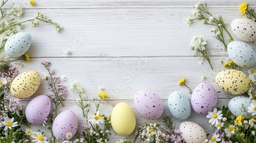 Pastel-colored Easter eggs scattered on a white wooden surface, with spring flowers around.