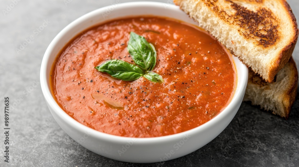 Delicious tomato basil soup with grilled cheese sandwich Delicious tomato basil soup with grilled cheese sandwich