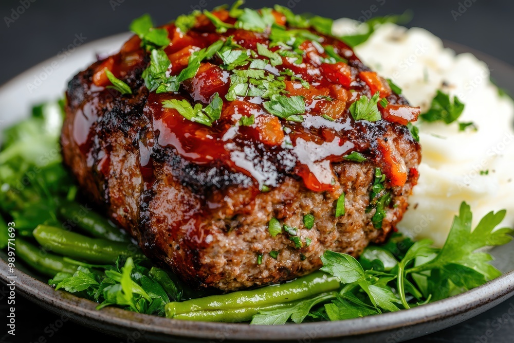Delicious homemade meatloaf with tomato sauce and fresh herbs Delicious homemade meatloaf with tomato sauce and fresh herbs