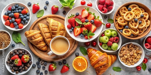 A delectable spread of fresh fruit, croissants, and cereal, perfect for a healthy and satisfying breakfast.