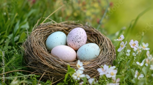 Pastel-colored eggs in a straw nest, with blooming flowers and soft green grass.
