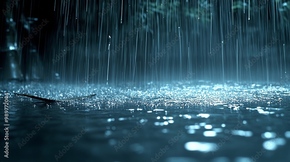 A Single Leaf Floating on a Calm Pool of Rain Water Underneath a Heavy Downpour A Single Leaf Floating on a Calm Pool of Rain Water Underneath a Heavy Downpour