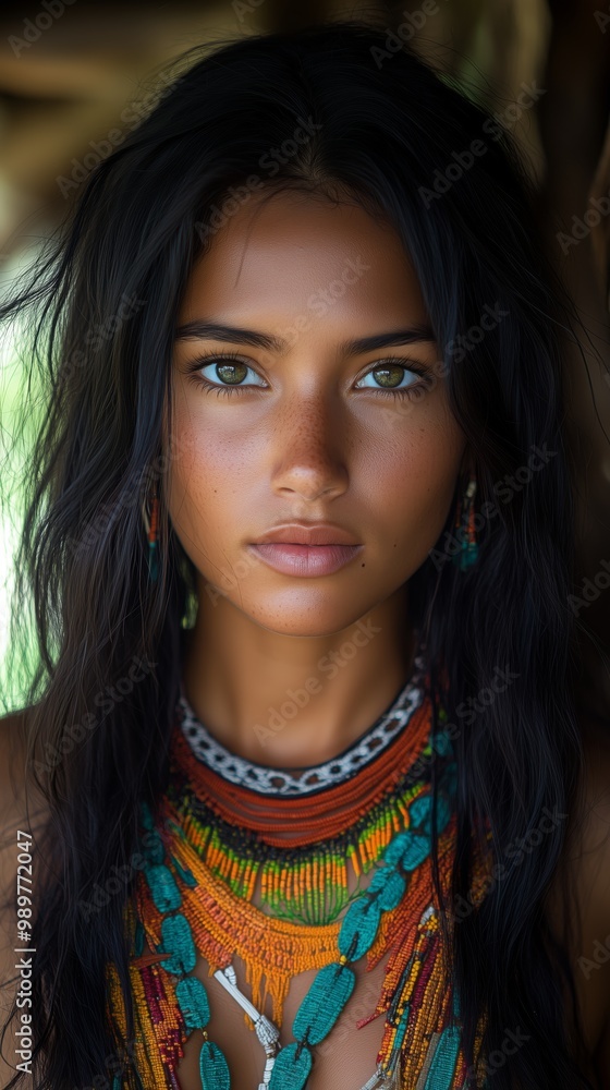 Close-up of a woman with traditional Brazilian indigenous features in the Amazon. Straight-haired indigenous woman looking at the camera. Close-up of a woman with traditional Brazilian indigenous features in the Amazon. Straight-haired indigenous woman looking at the camera.