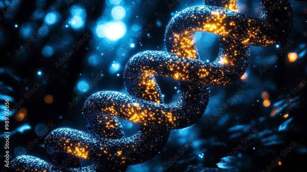 A close-up of a DNA strand with glowing particles. A close-up of a DNA strand with glowing particles.