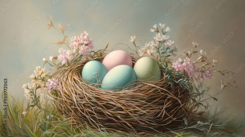 Pastel-colored eggs in a straw nest, with blooming flowers and soft green grass. Pastel-colored eggs in a straw nest, with blooming flowers and soft green grass.
