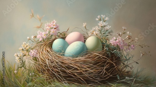 Pastel-colored eggs in a straw nest, with blooming flowers and soft green grass.