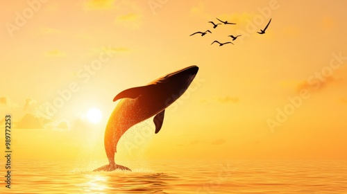 Wallpaper Mural Whale Breaching at Sunset Over Calm Ocean Waters Torontodigital.ca