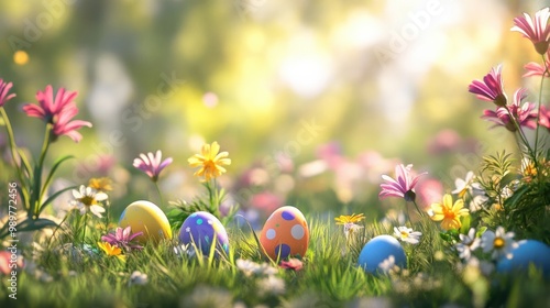Soft spring meadow with colorful Easter eggs hidden among blooming flowers.