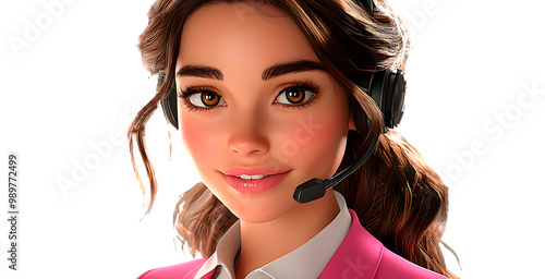 3D cartoon-style female customer service avatar in a pink suit, white shirt, confident with headset, HD render