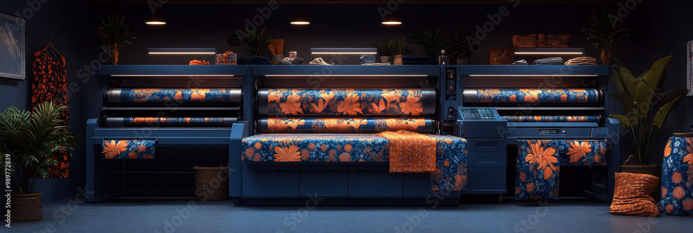 Industrial textile printing machine with orange and blue floral pattern. Industrial textile printing machine with orange and blue floral pattern.