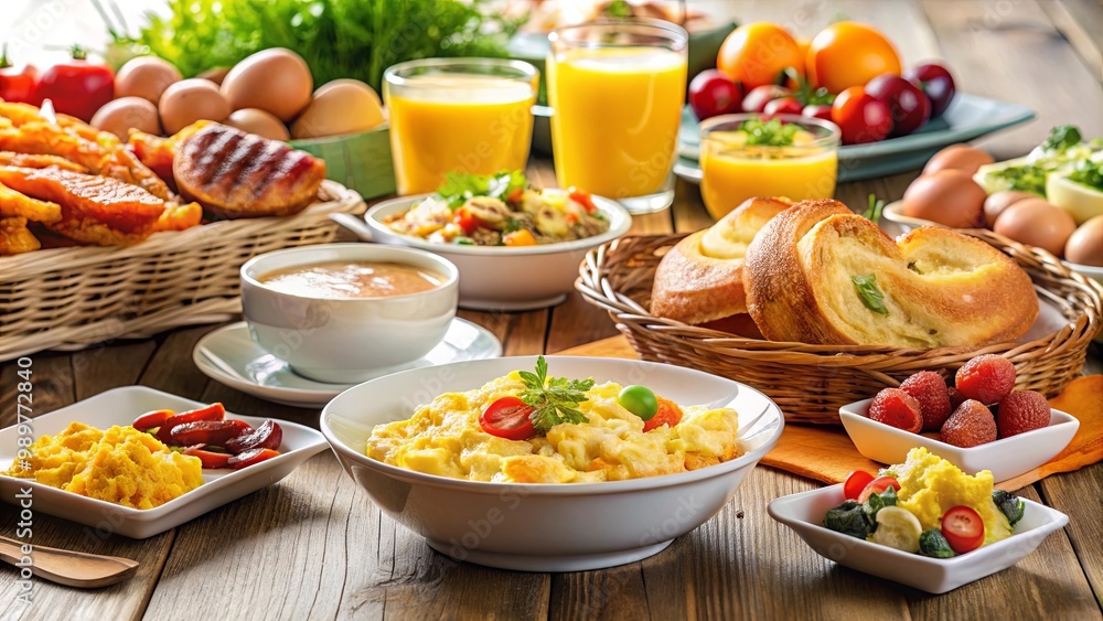 Scrambled Eggs with Fresh Tomatoes and Parsley, Served with a Side of Fruit, Bread, and Juice Scrambled Eggs with Fresh Tomatoes and Parsley, Served with a Side of Fruit, Bread, and Juice