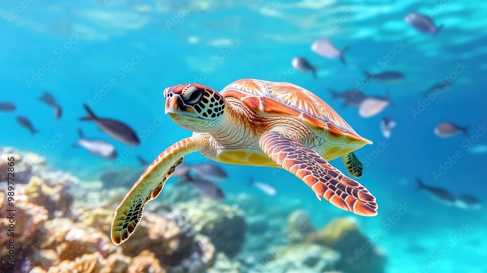 Fototapeta premium Sea Turtle Swimming in Clear Blue Ocean Water