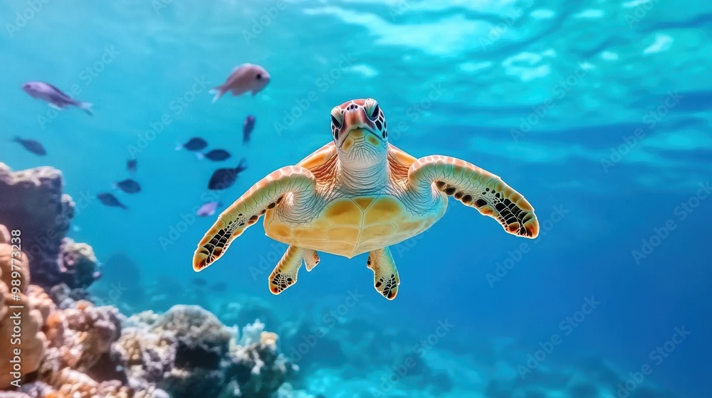 Fototapeta premium Graceful Sea Turtle Gliding Through Clear Blue Water