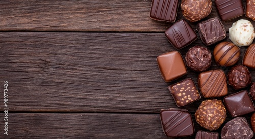 Assortment of delicious chocolate candies on wooden background