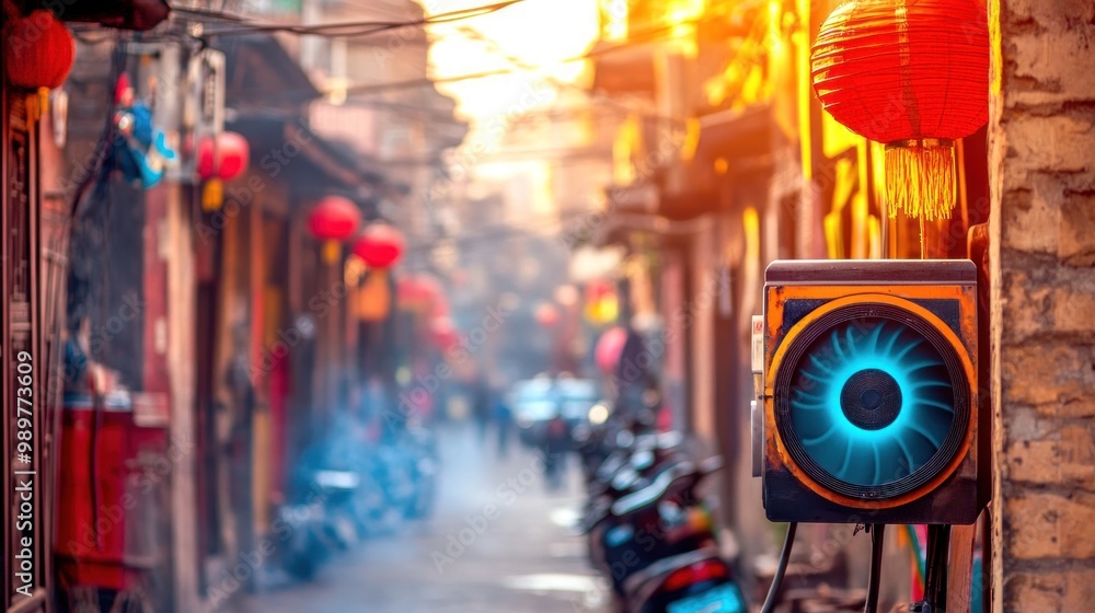 Obraz premium A vibrant street scene with lanterns and an industrial fan in a historical setting.
