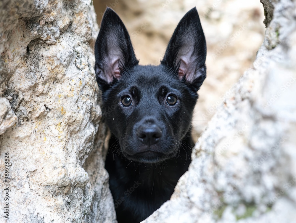 Curious black dog peeking out from behind a tree Curious black dog peeking out from behind a tree