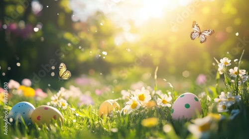 Sunny spring field with Easter eggs hidden in the grass, flowers in bloom, and butterflies flying.